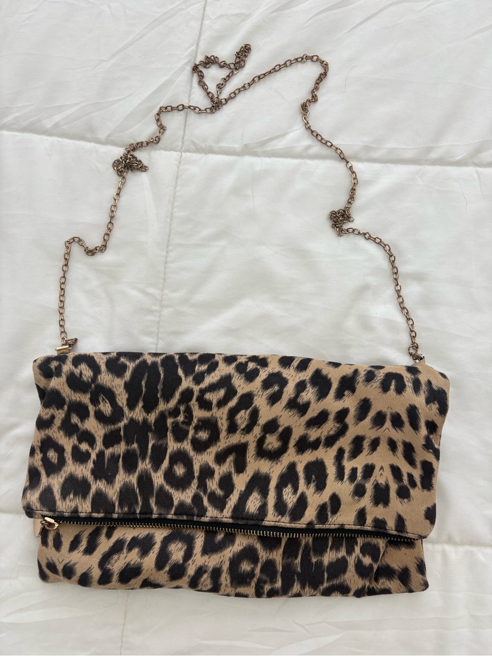 Leopard Print Chain Strap Foldover Clutch - Beige/Black